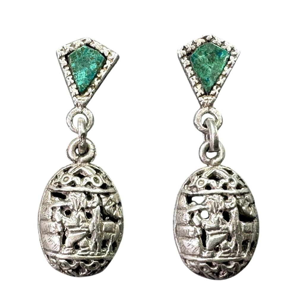 Vintage Silver Filagree and  Peruvian Azurite Dangle Stud Earrings
